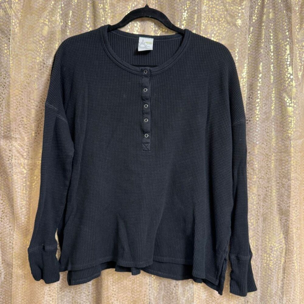 Aerie Black Boho Henley Waffle Long Sleeve Tunic Style Top Oversized Med